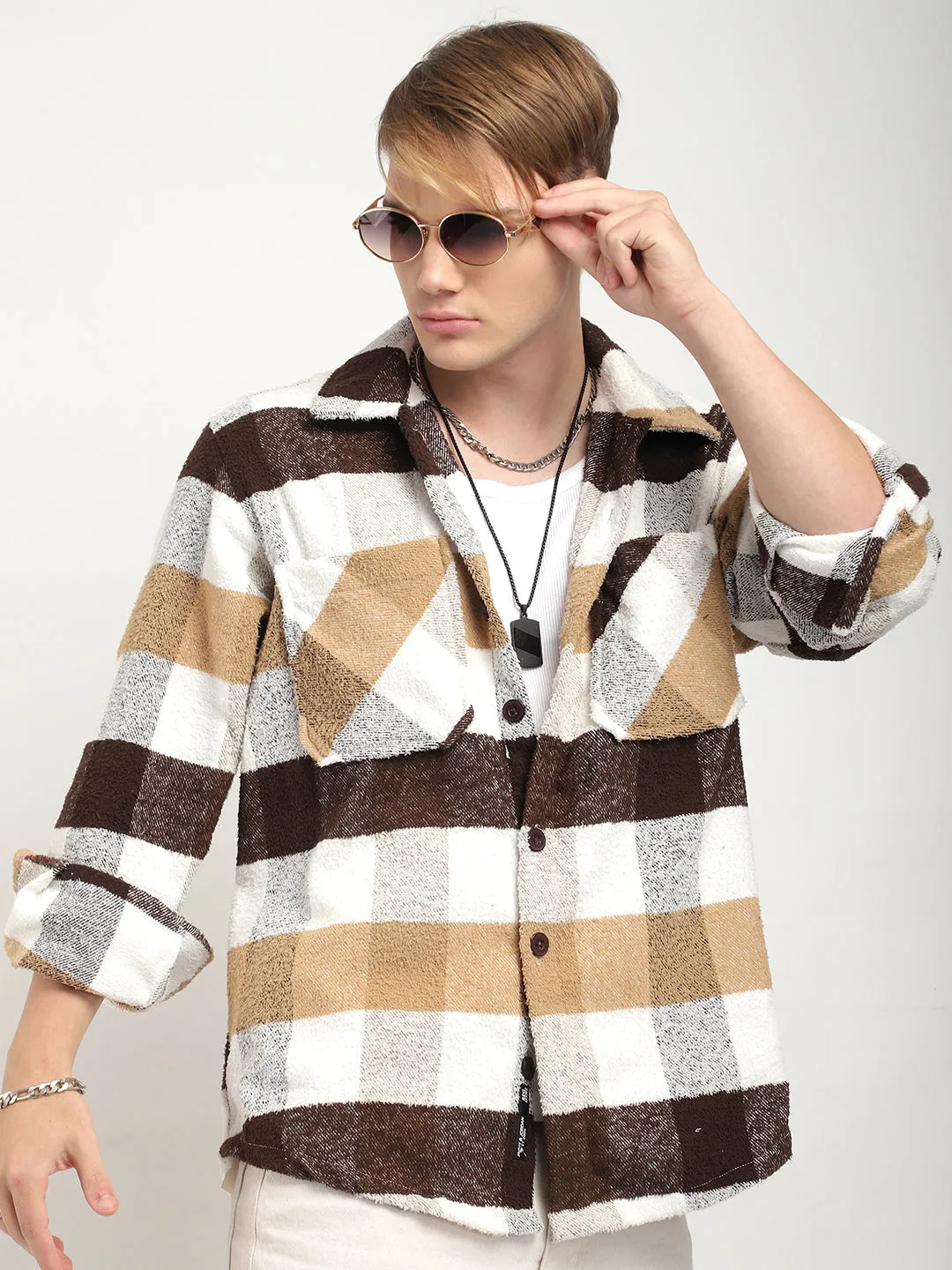 Pure Wool Chocolate Towel Knitted Check Shacket