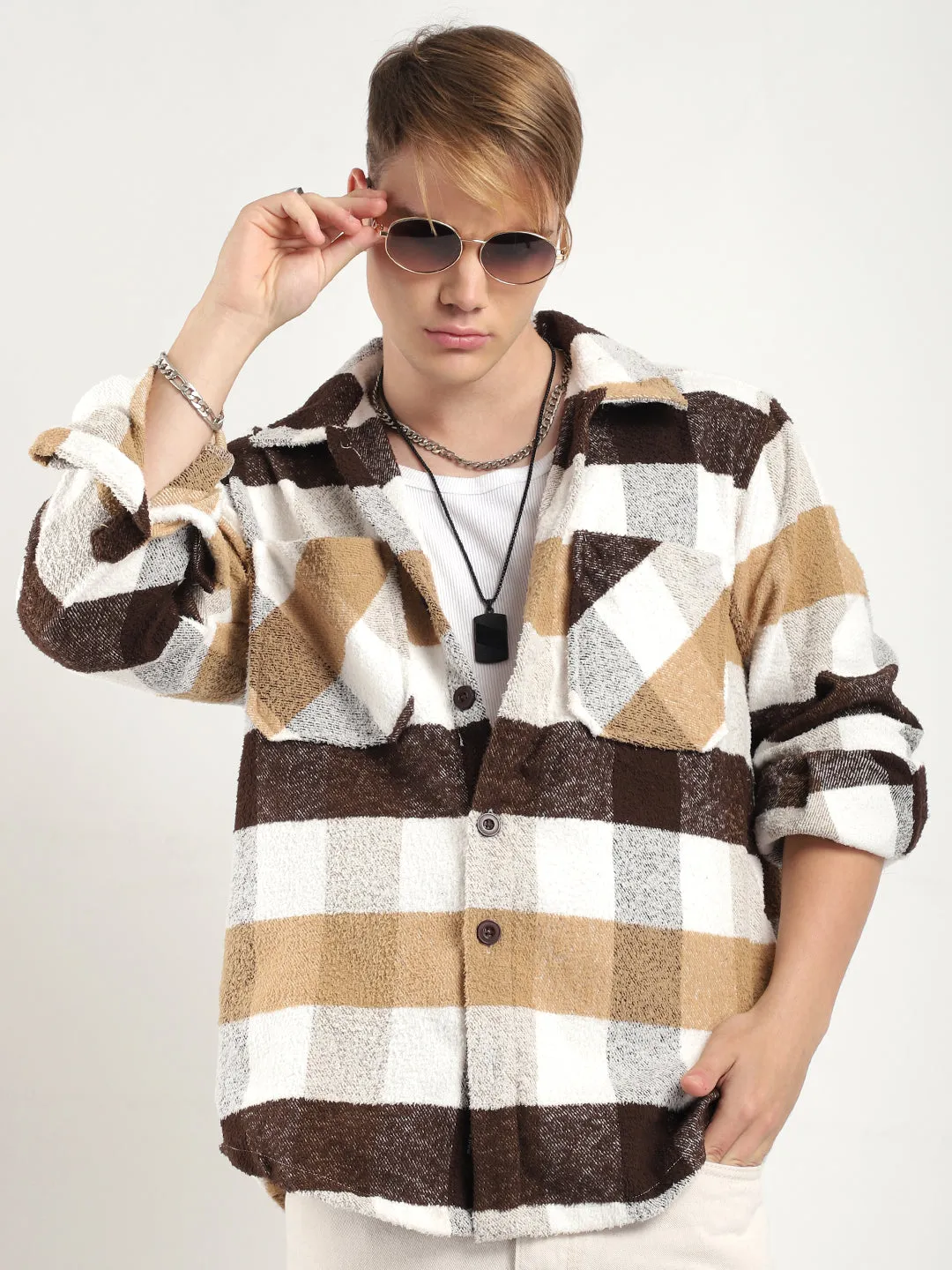 Pure Wool Chocolate Towel Knitted Check Shacket