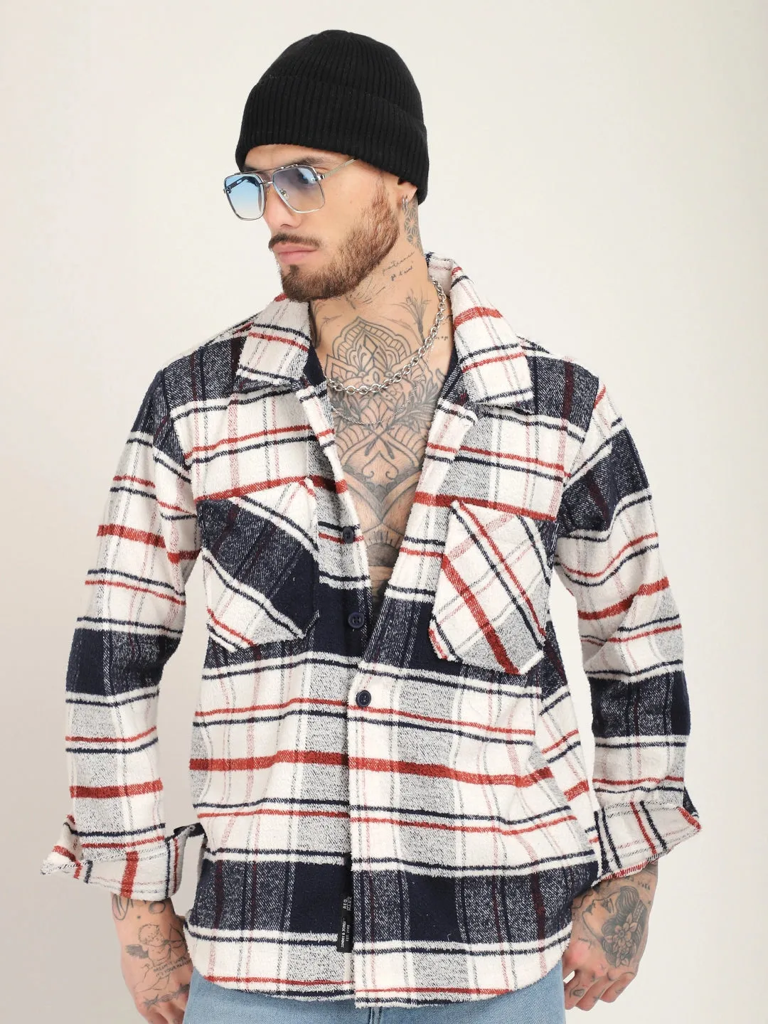 Pure Wool Navy Towel Knitted Check Shacket