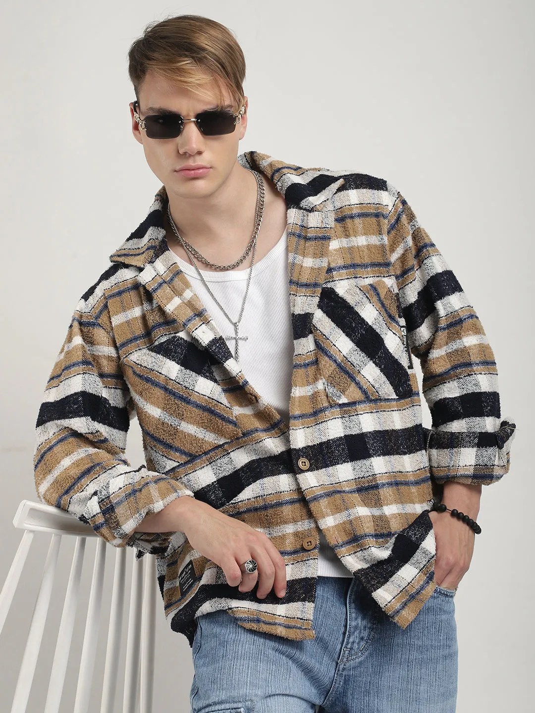 Pure Wool Towel Knitted Fom Check Shacket