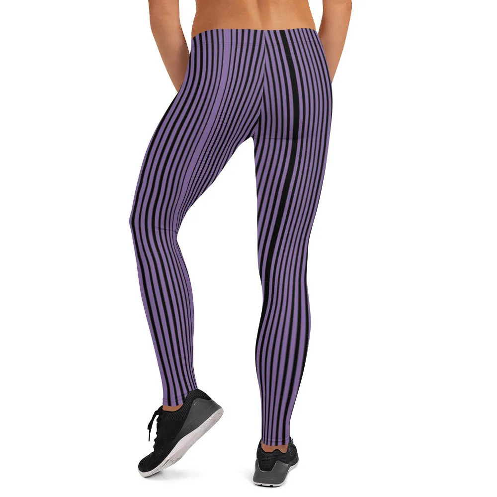 Purple Striped Casual Leggings, Modern Long Vertical Striped Casual Tights-Made in USA/EU/MX