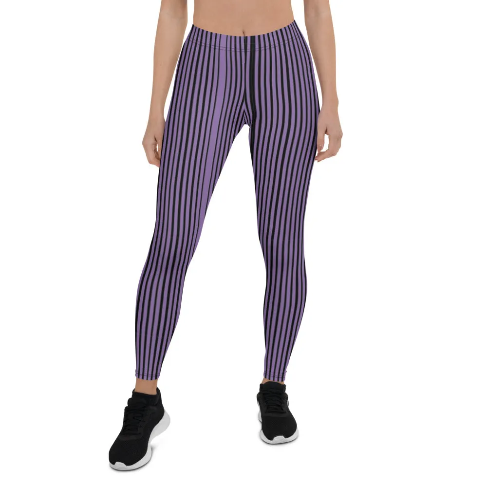 Purple Striped Casual Leggings, Modern Long Vertical Striped Casual Tights-Made in USA/EU/MX