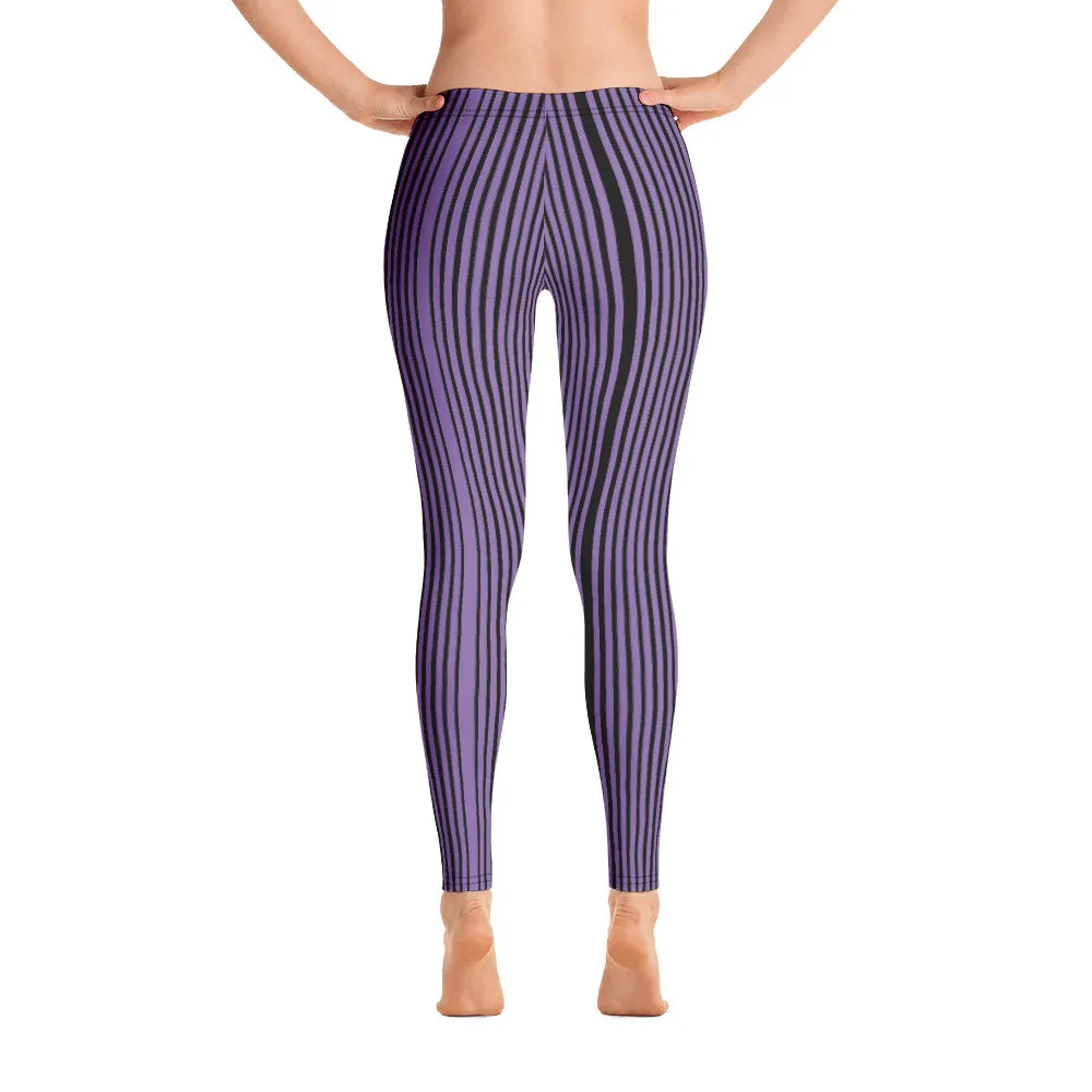 Purple Striped Casual Leggings, Modern Long Vertical Striped Casual Tights-Made in USA/EU/MX