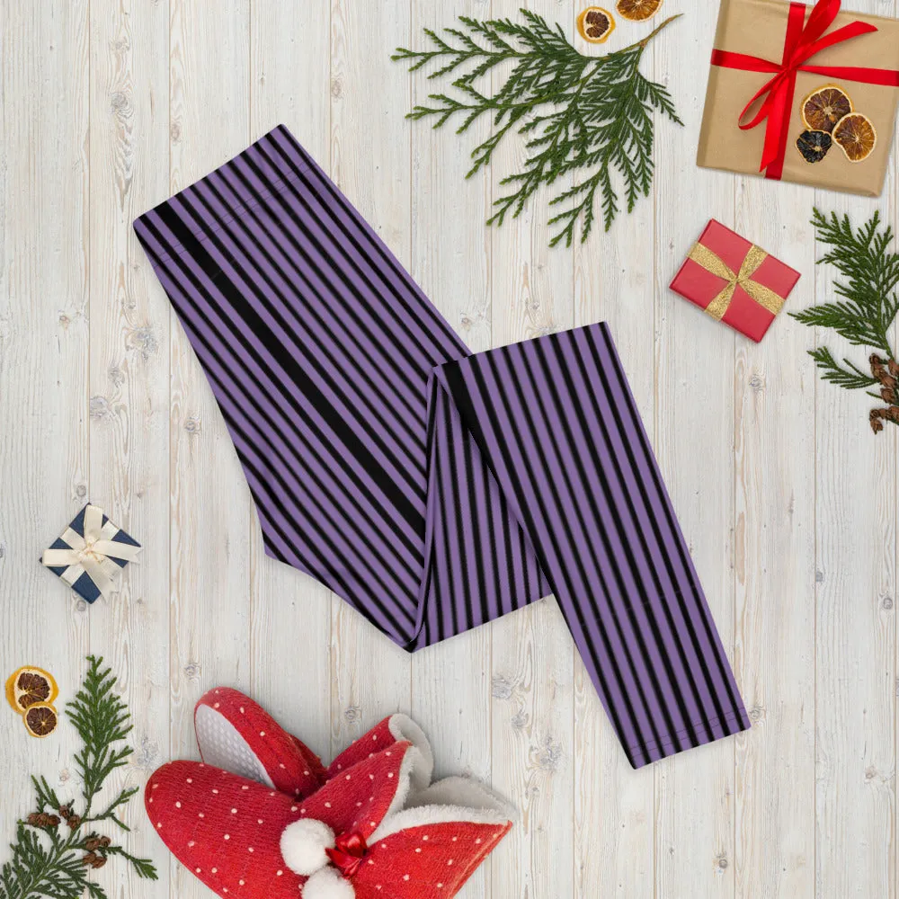 Purple Striped Casual Leggings, Modern Long Vertical Striped Casual Tights-Made in USA/EU/MX