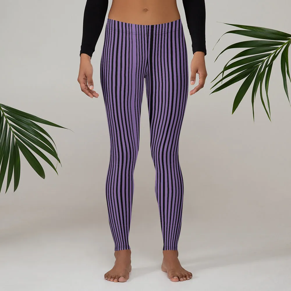 Purple Striped Casual Leggings, Modern Long Vertical Striped Casual Tights-Made in USA/EU/MX