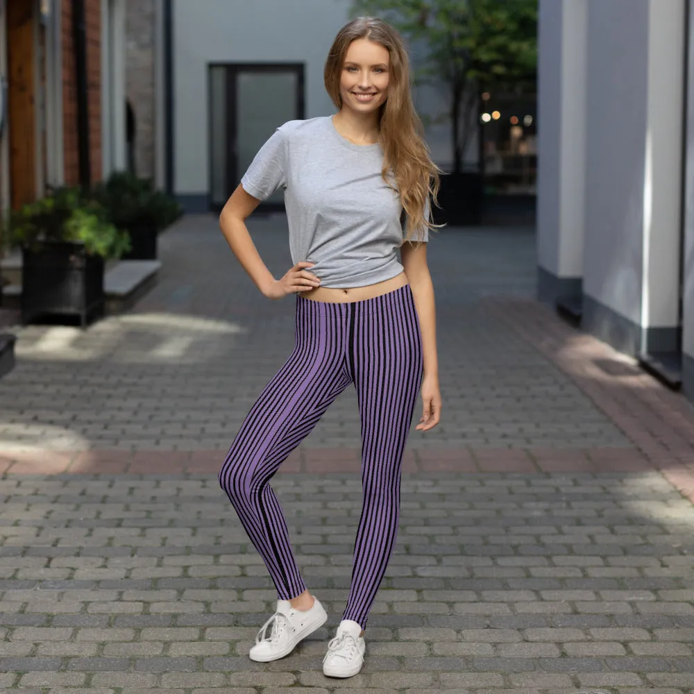 Purple Striped Casual Leggings, Modern Long Vertical Striped Casual Tights-Made in USA/EU/MX