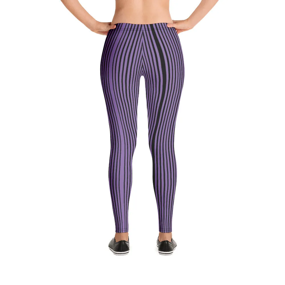 Purple Striped Casual Leggings, Modern Long Vertical Striped Casual Tights-Made in USA/EU/MX