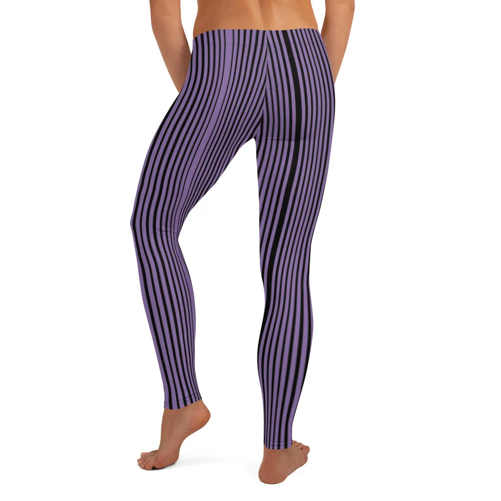 Purple Striped Casual Leggings, Modern Long Vertical Striped Casual Tights-Made in USA/EU/MX