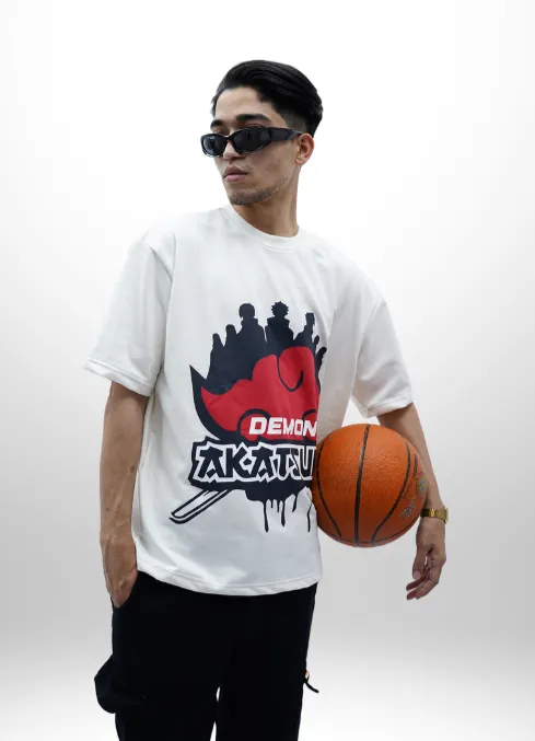 "Akatsuki" Oversized Puff Print Off White T-Shirt By DemonWear for Him