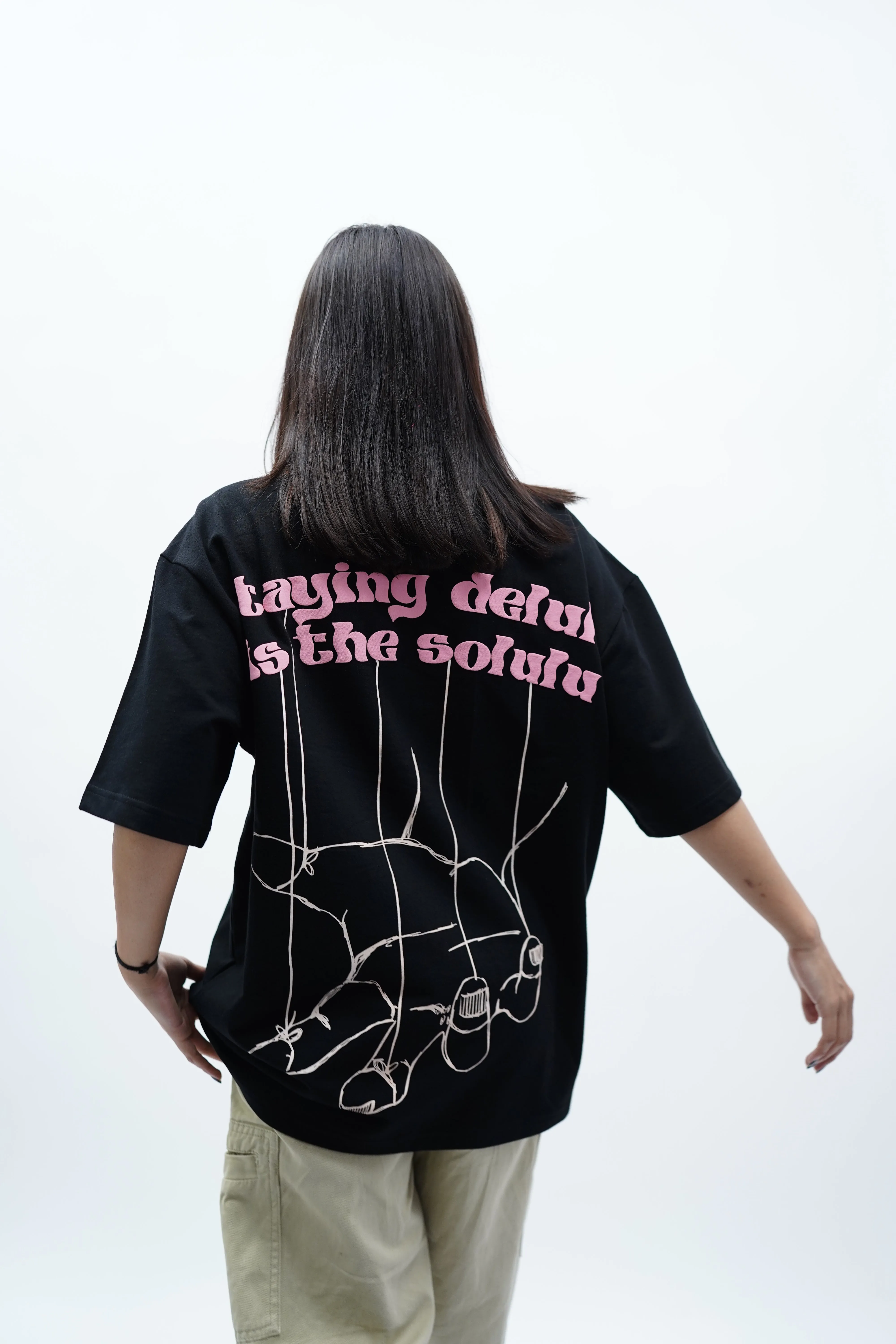 "Delulu is the Solulu" Oversized Puff Print Black T-Shirt By DemonWear for Her