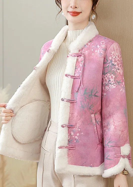 Rose Button Pockets Warm Fleece Winter Parkas Coat Fur Collar RZ026