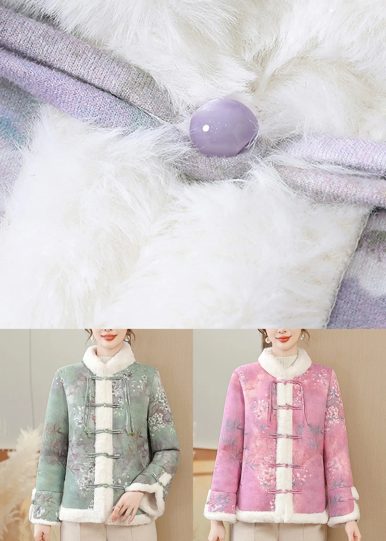 Rose Button Pockets Warm Fleece Winter Parkas Coat Fur Collar RZ026