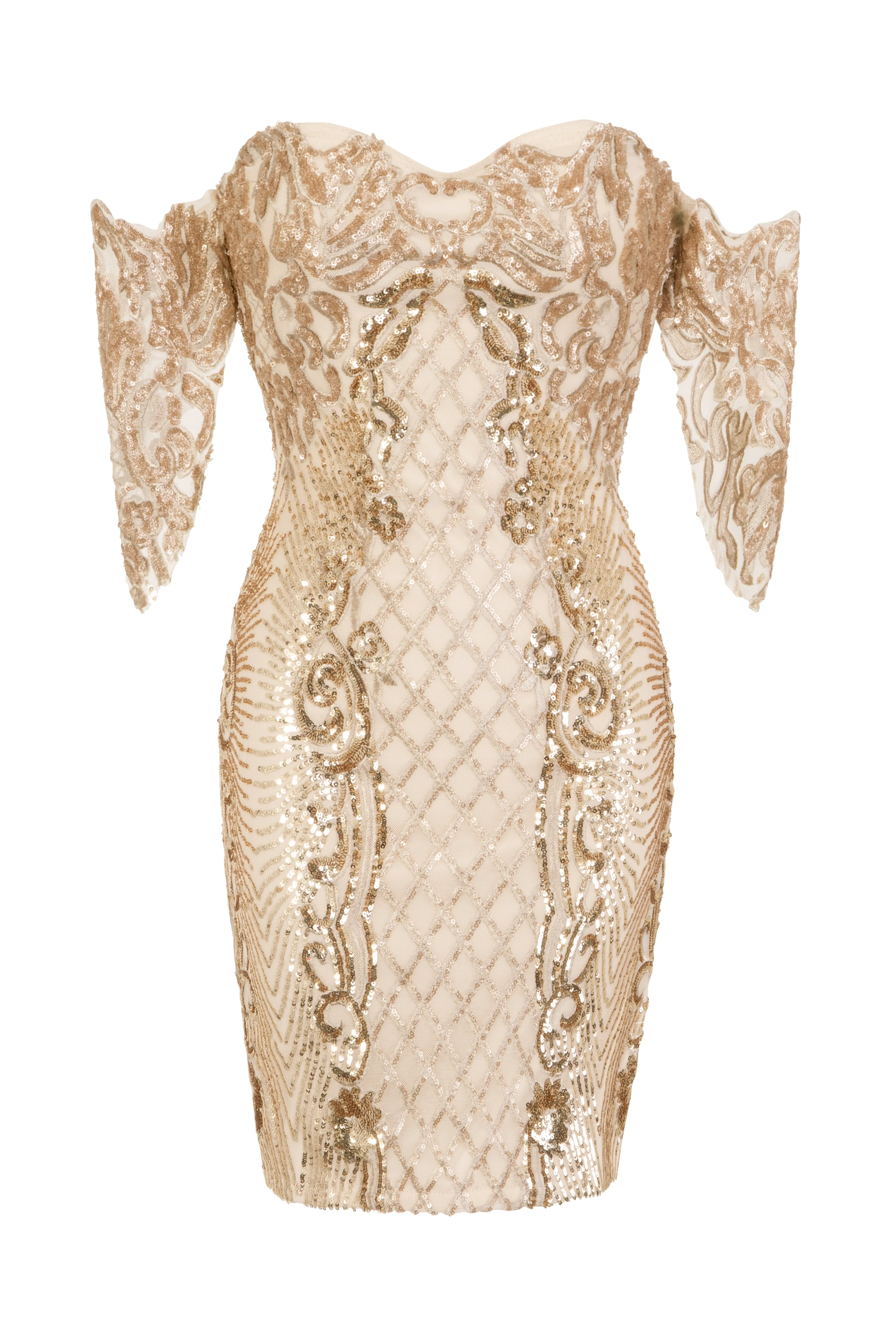 Rumour Vip Nude Gold Sweetheart Bardot Sequin Mini Bodycon Dress