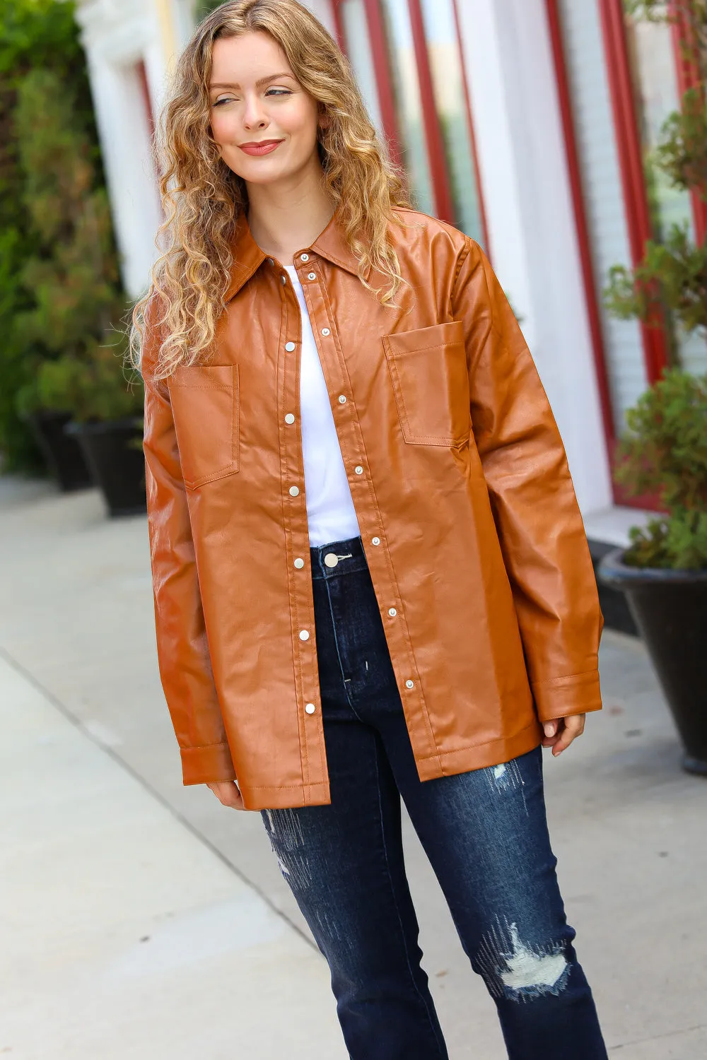 Rust Vegan Leather Snap Button Shacket