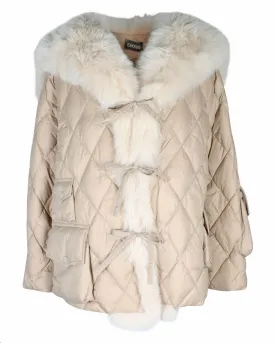 Short Tick Tock Fur Quilted Jacket in Cream