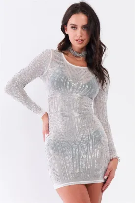 Silver Rhinestone Studded Sheer Mesh Long Sleeve Bodycon Dress /1-2-2-2