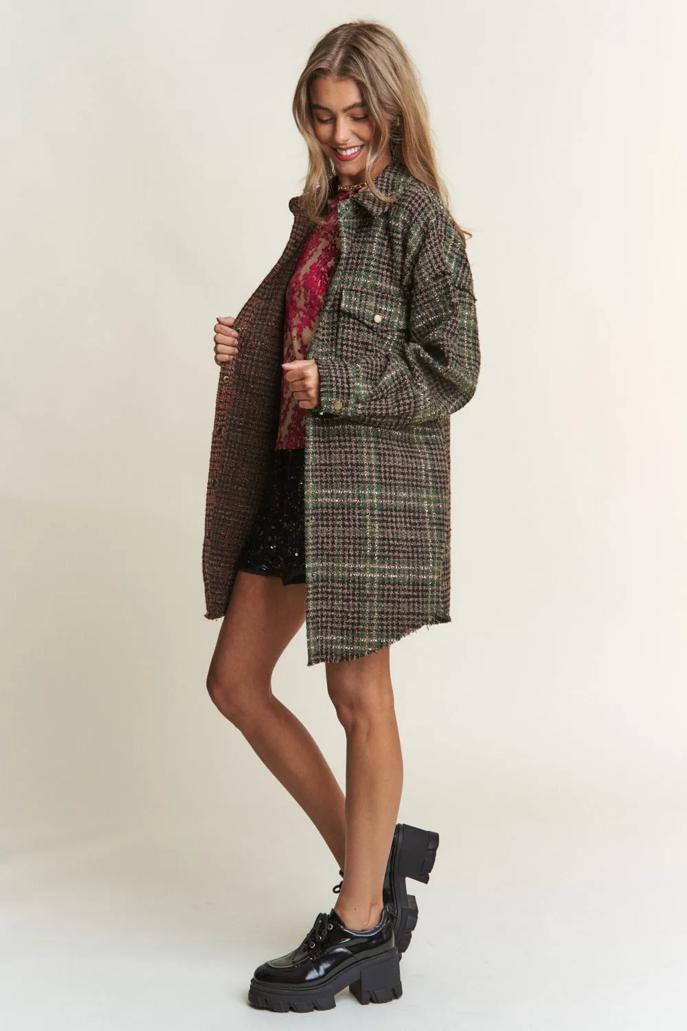 Snap Down Tweed Plaid Longline Shacket