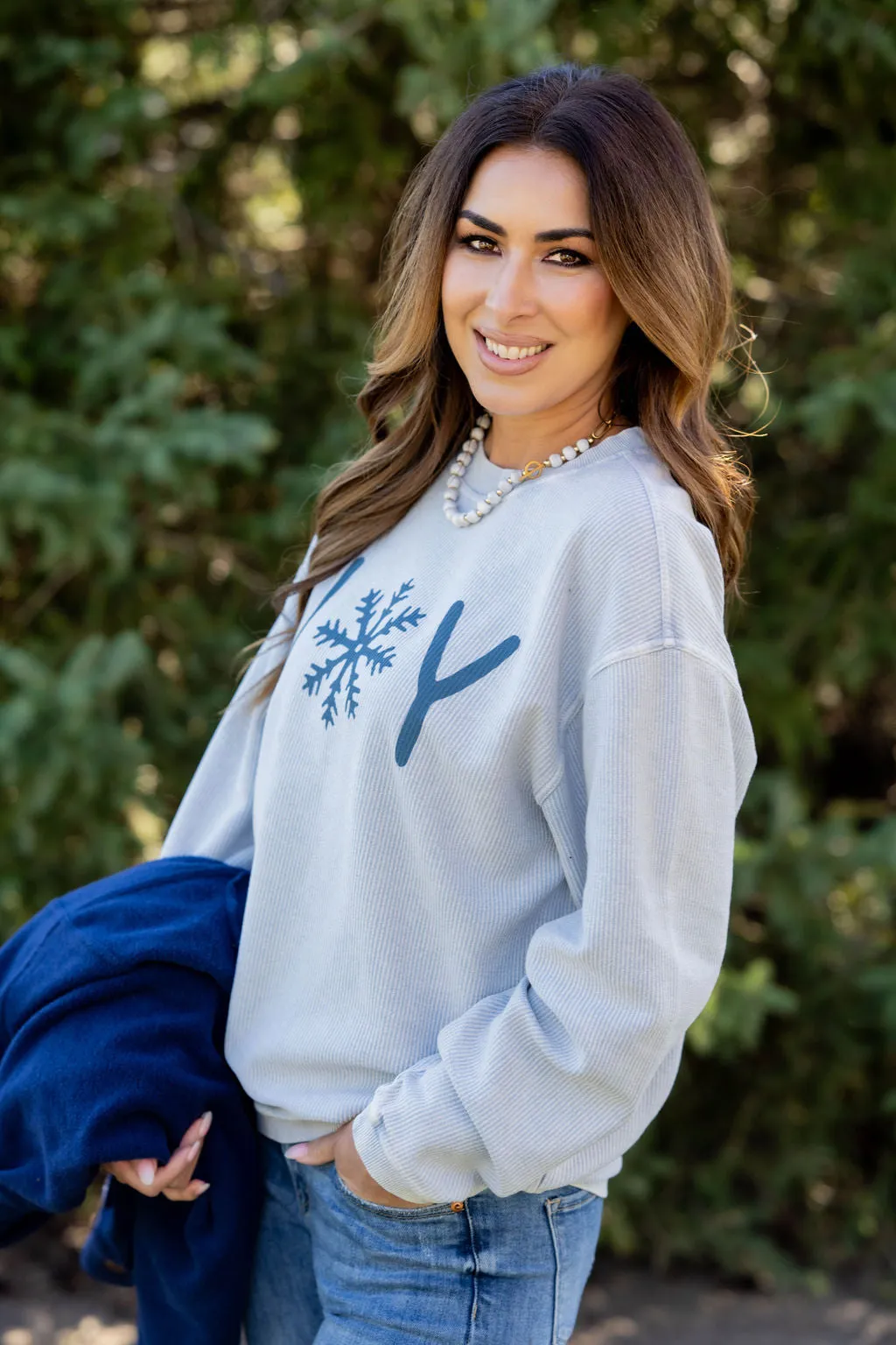 Snowflake Joy Ribbed Graphic Crewneck