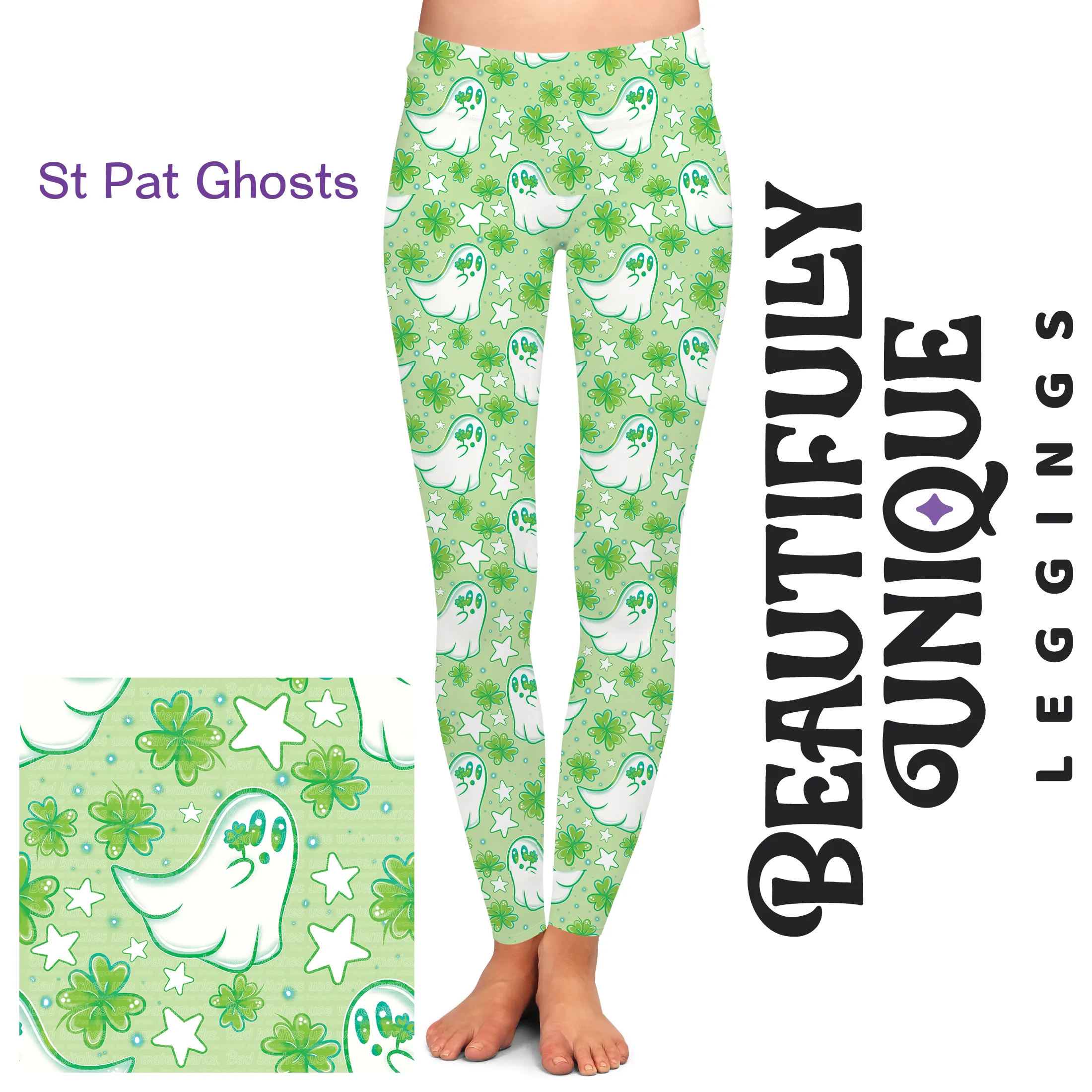 St Pat Ghosts (Semi-Exclusive) - Cartoon Shamrock St Patrick's Day Green High-quality Handcrafted Vibrant Leggings