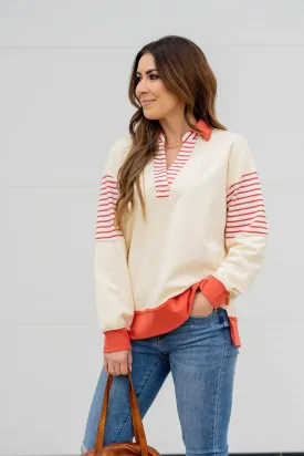 Stripe Accented Collar Sweatshirt