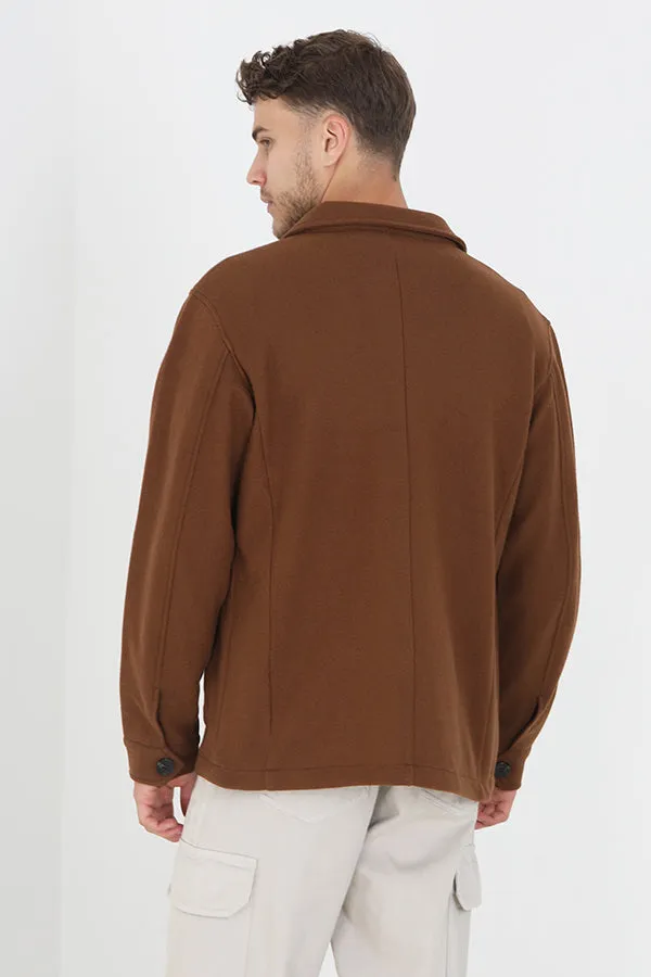 TAN FAUX WOOL POCKET DETAIL BUTTON THROUGH SHACKET