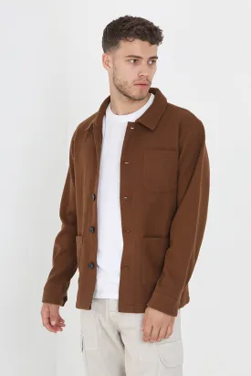 TAN FAUX WOOL POCKET DETAIL BUTTON THROUGH SHACKET