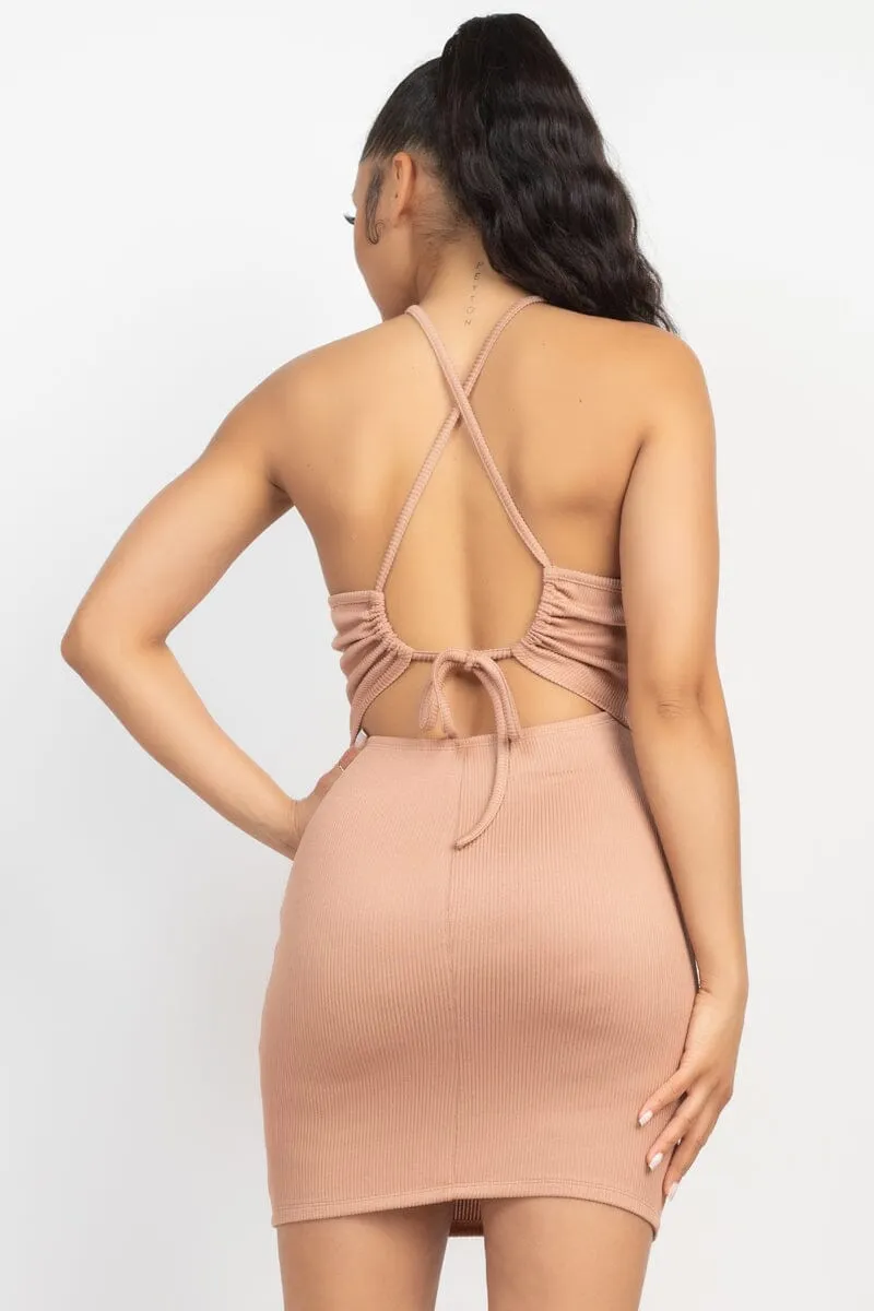 Tan knit ribbed casual Halter neck tie back bodycon mini dress