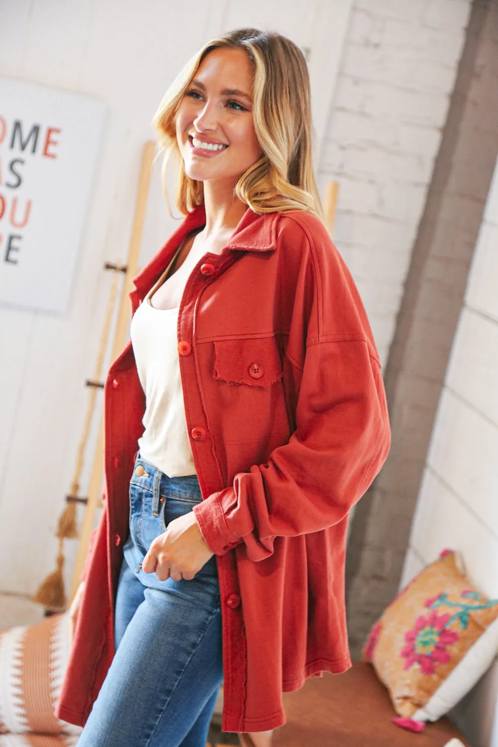 Terracotta Terry Button Down Oversized Shirt Shacket