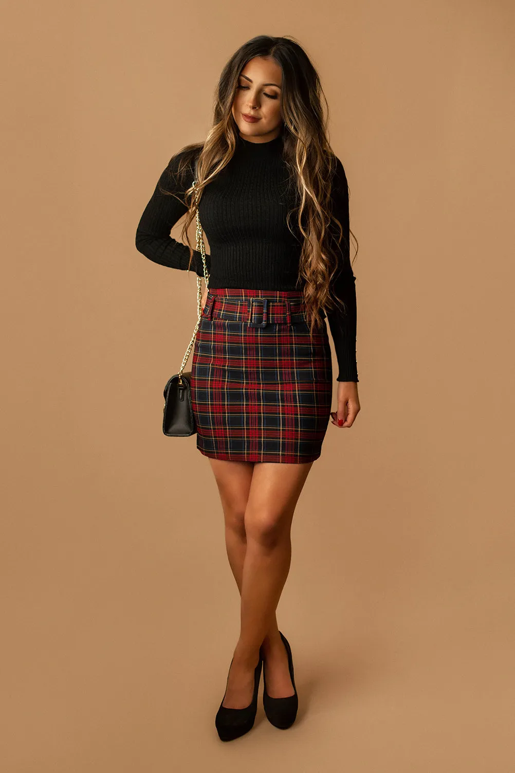 Under The Mistletoe Plaid Mini Skirt (Red)