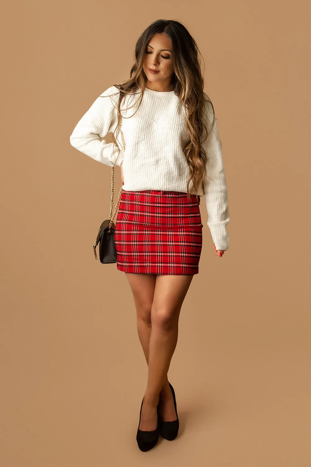 Under The Mistletoe Plaid Mini Skirt (Red)