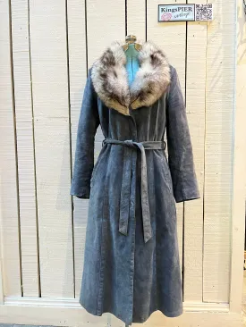 Vintage Leather Attic Long Blue/Grey Suede Coat with Fur Collar, Made in Canada, Size 13/14