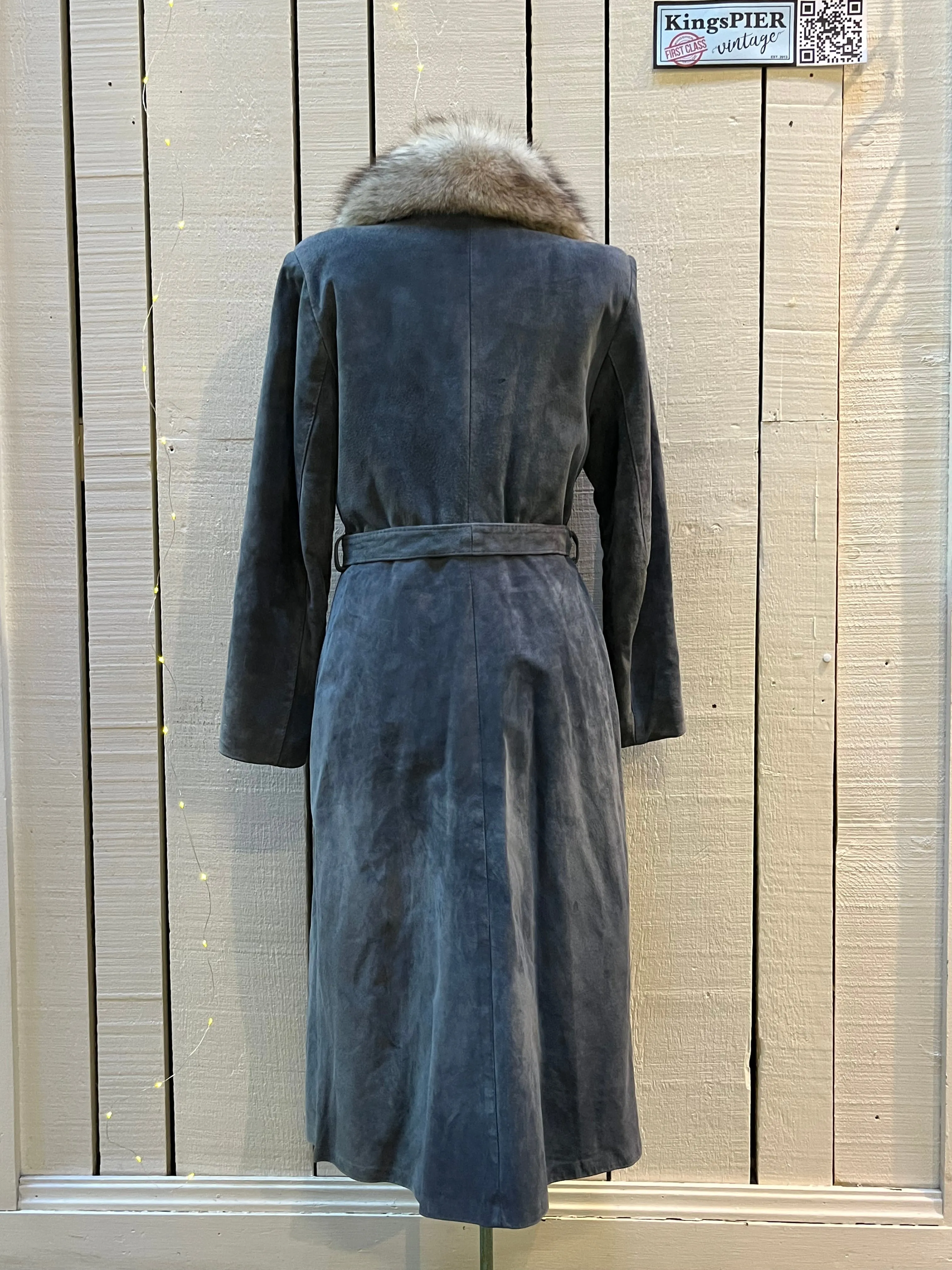 Vintage Leather Attic Long Blue/Grey Suede Coat with Fur Collar, Made in Canada, Size 13/14