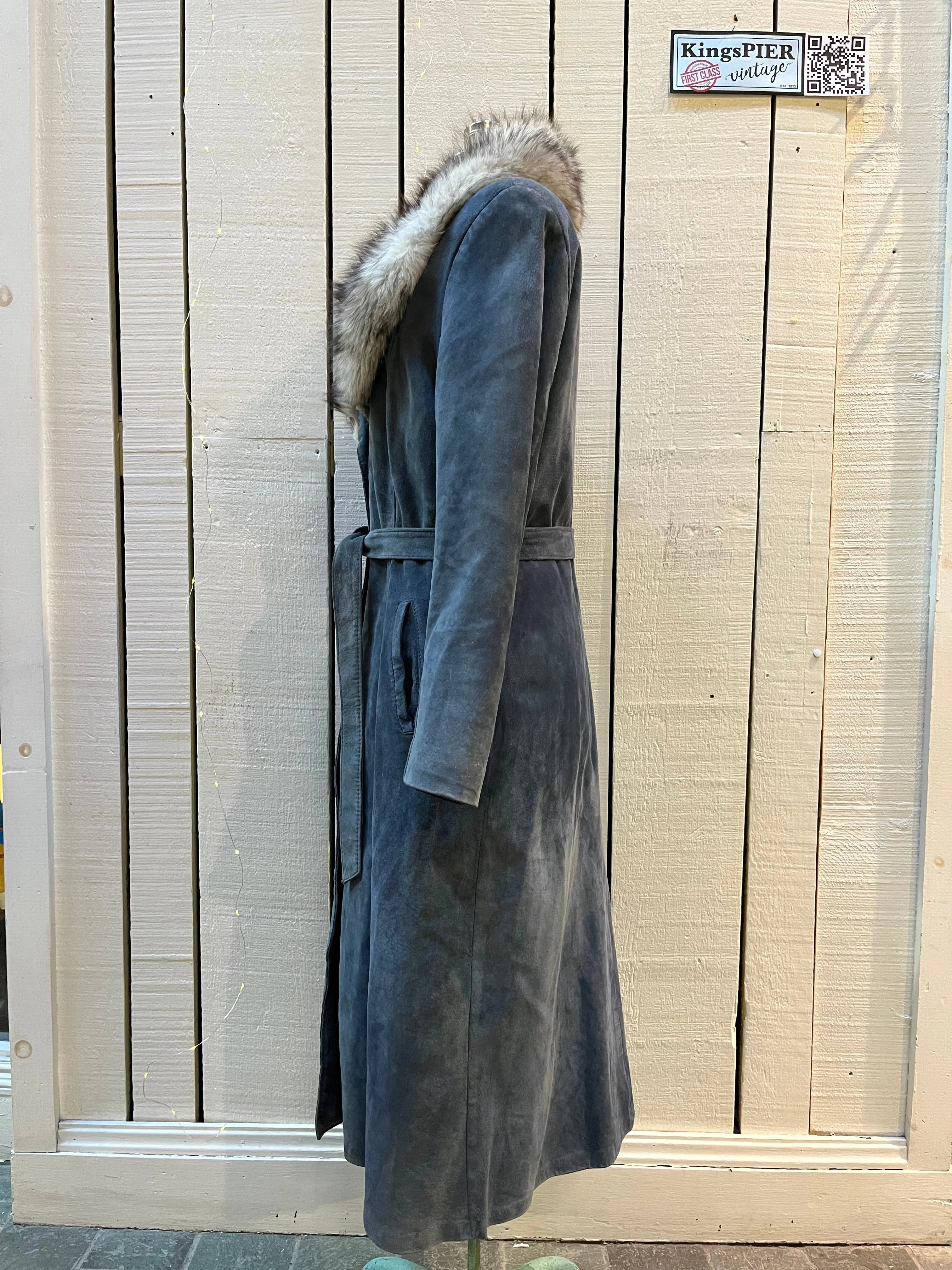 Vintage Leather Attic Long Blue/Grey Suede Coat with Fur Collar, Made in Canada, Size 13/14