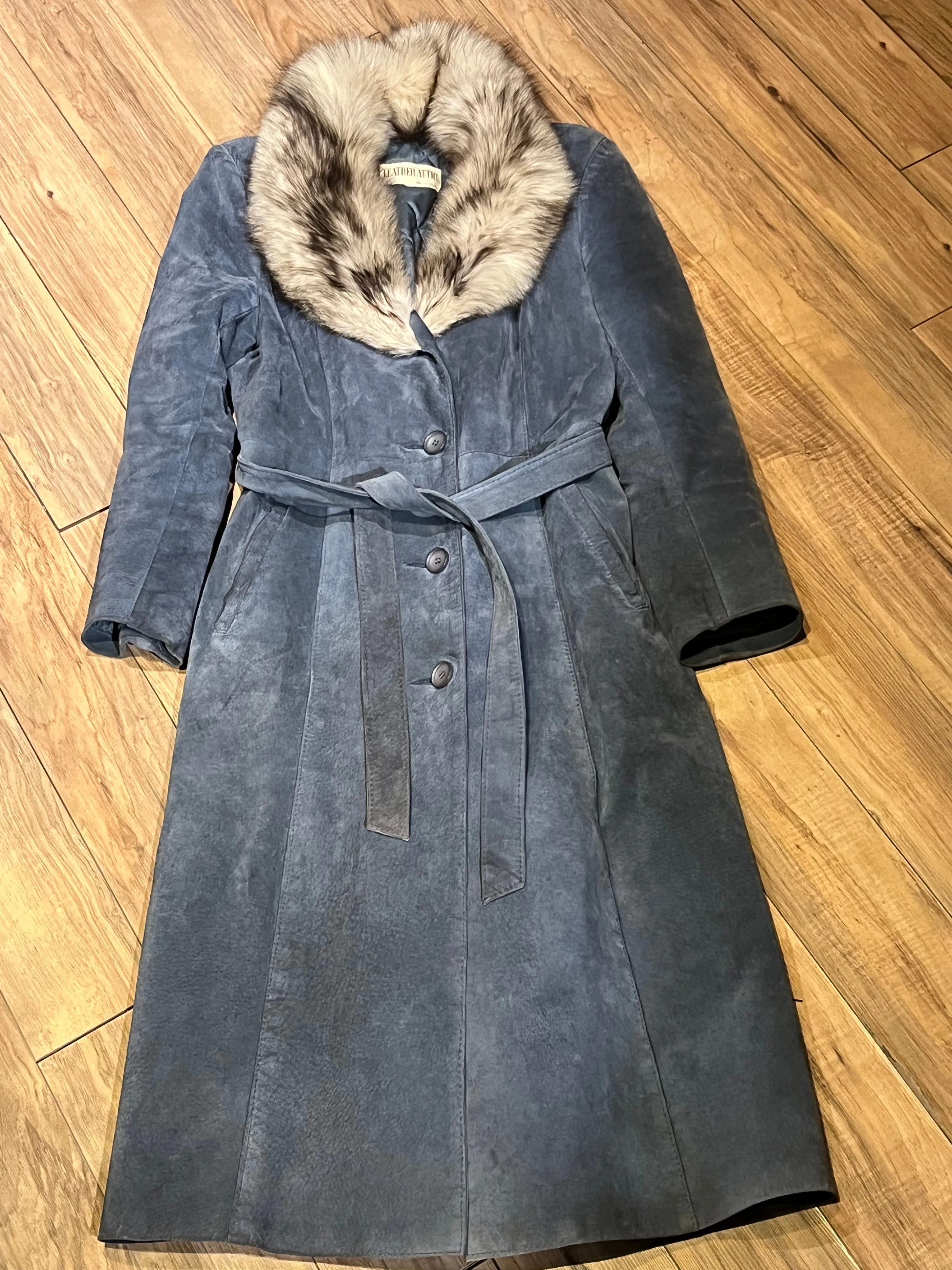 Vintage Leather Attic Long Blue/Grey Suede Coat with Fur Collar, Made in Canada, Size 13/14