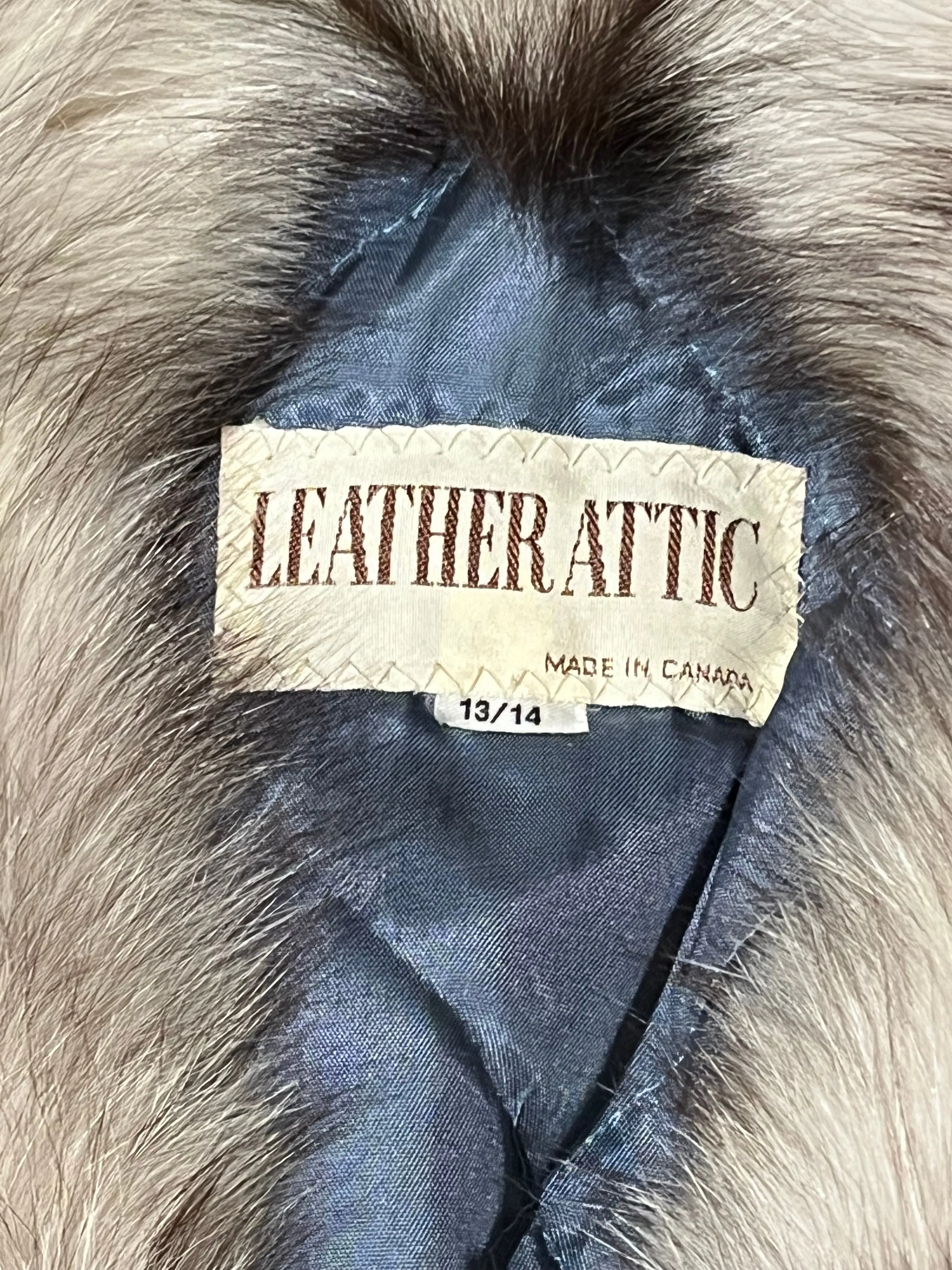 Vintage Leather Attic Long Blue/Grey Suede Coat with Fur Collar, Made in Canada, Size 13/14