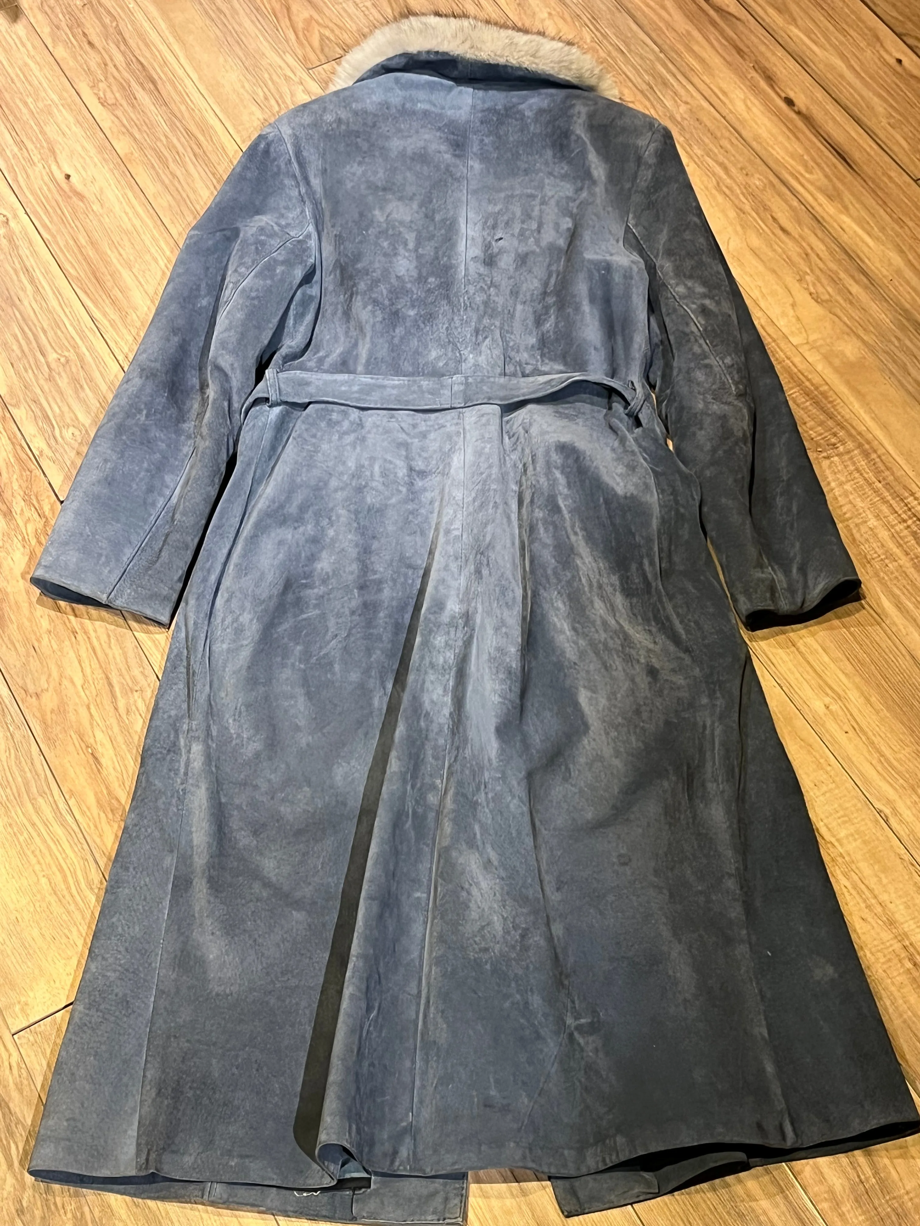 Vintage Leather Attic Long Blue/Grey Suede Coat with Fur Collar, Made in Canada, Size 13/14