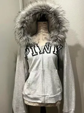 Vvsha  party look inspos Vintage Y2k Aesthetic Grunge Letter Print Zippers Hoodies Women Coat Casual Gray Femme Korean Fur Patchwork Hooded Sweatshirts