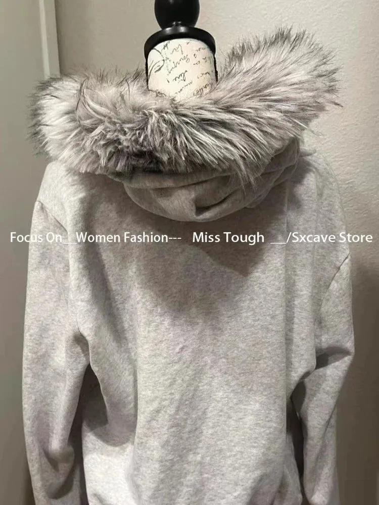 Vvsha  party look inspos Vintage Y2k Aesthetic Grunge Letter Print Zippers Hoodies Women Coat Casual Gray Femme Korean Fur Patchwork Hooded Sweatshirts