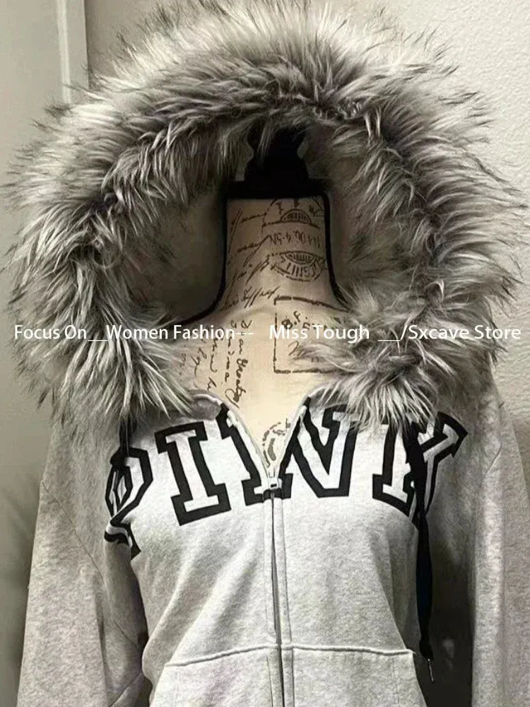 Vvsha  party look inspos Vintage Y2k Aesthetic Grunge Letter Print Zippers Hoodies Women Coat Casual Gray Femme Korean Fur Patchwork Hooded Sweatshirts