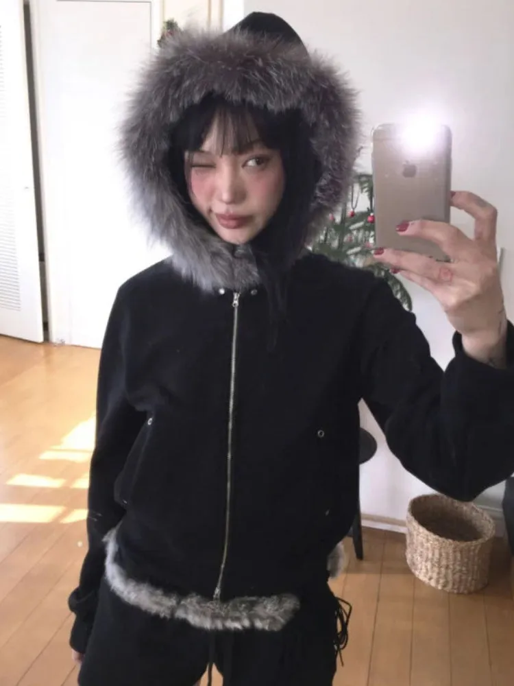 Wenkouban Japanese Y2k Hoodies Women Vintage Black Fur Jackets Korean Style Hooded Sweatshirt Grunge Zipper Casual Coat Aesthetics