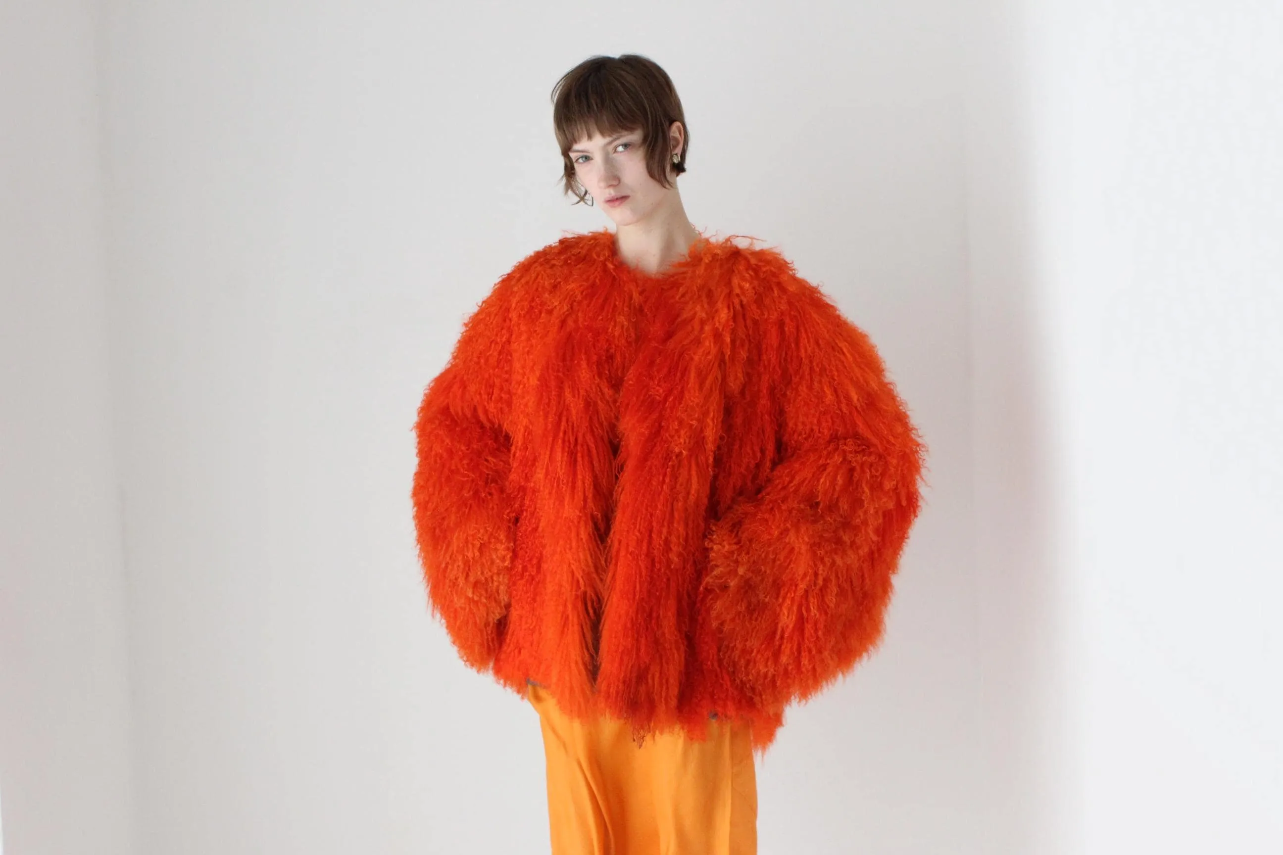 Wild 1970s Genuine Mongolian Lambswool Orange Shag Coat