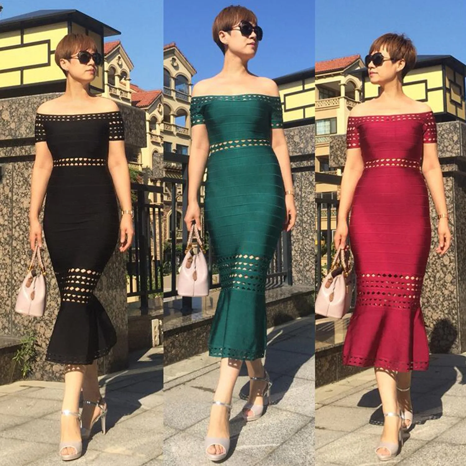 Winnal Off Shoulder Hollow Out Strap Fishtail Bandage Dress