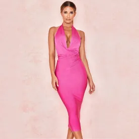 Winnal Sleeveless Halter Backless Lace Up Knee Length Deep V -Neck Celebrity Evening Party Dress