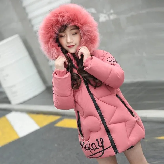 Winter Cotton-padded Jacket Thick Fur Collar Hooded Long Down Outerwear Kids Coats