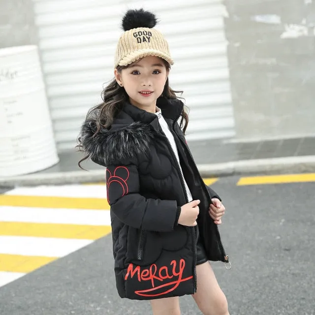 Winter Cotton-padded Jacket Thick Fur Collar Hooded Long Down Outerwear Kids Coats