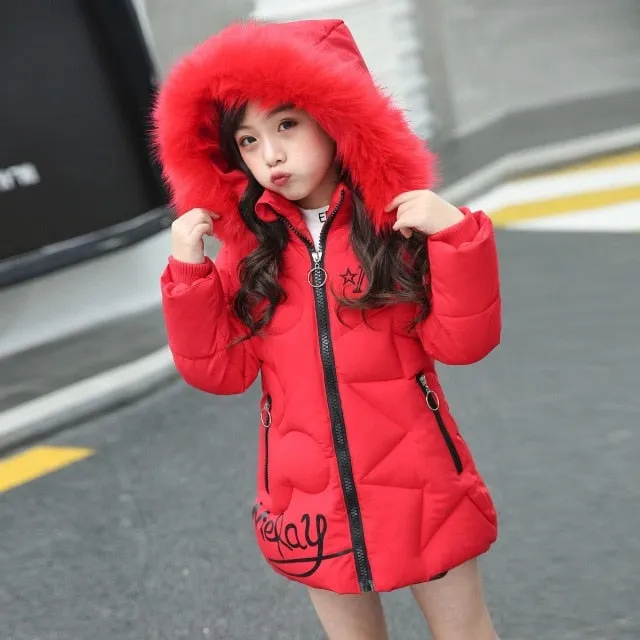 Winter Cotton-padded Jacket Thick Fur Collar Hooded Long Down Outerwear Kids Coats