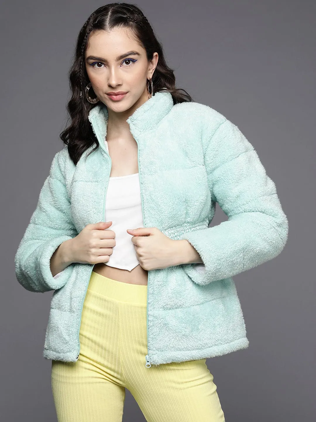 Women Blue Elasticated Waistband Quilted Fur Jacket