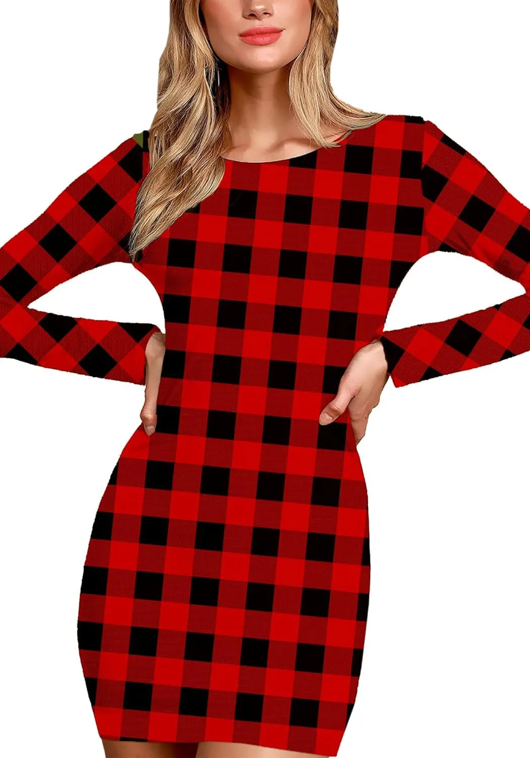 Women Christmas Red Plaid Dresses Winter Party Holiday Slim Fit Ugly Dress L