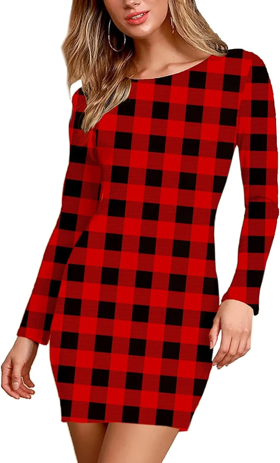 Women Christmas Red Plaid Dresses Winter Party Holiday Slim Fit Ugly Dress L