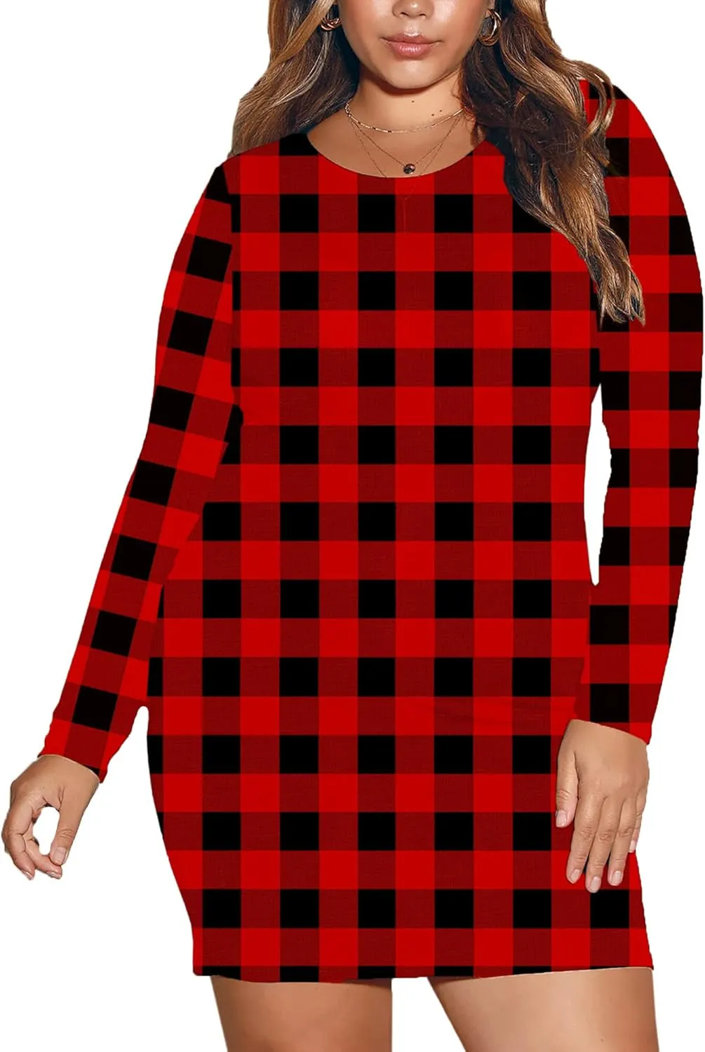 Women Christmas Red Plaid Dresses Winter Party Holiday Slim Fit Ugly Dress L